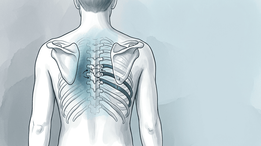 Illustrazione editoriale: dolore interscapolare destro, scapolo-toracica, ERS T4–T5 e coste 4–5 destre