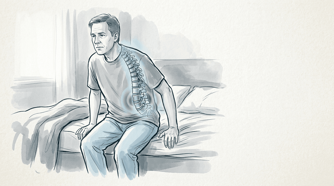 Illustrazione editoriale: dorsolombalgia con rigidità mattutina prolungata e risveglio notturno