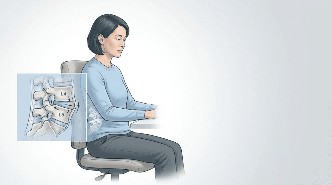 Illustrazione editoriale: disfunzioni lombari e postura seduta prolungata