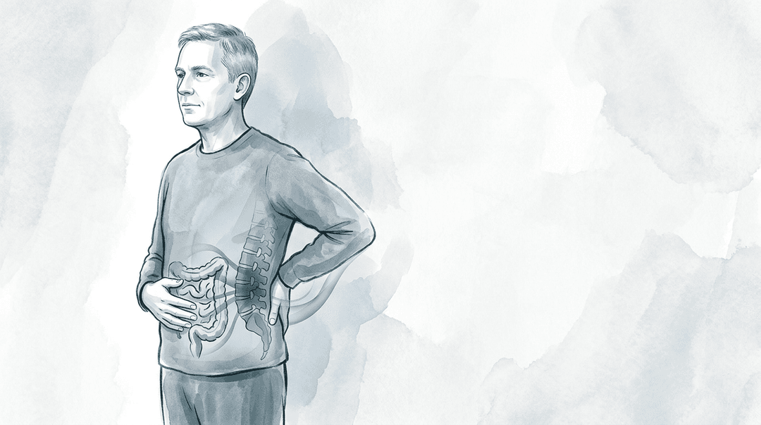 Illustrazione editoriale: lombalgia cronica con disfunzioni intestinali