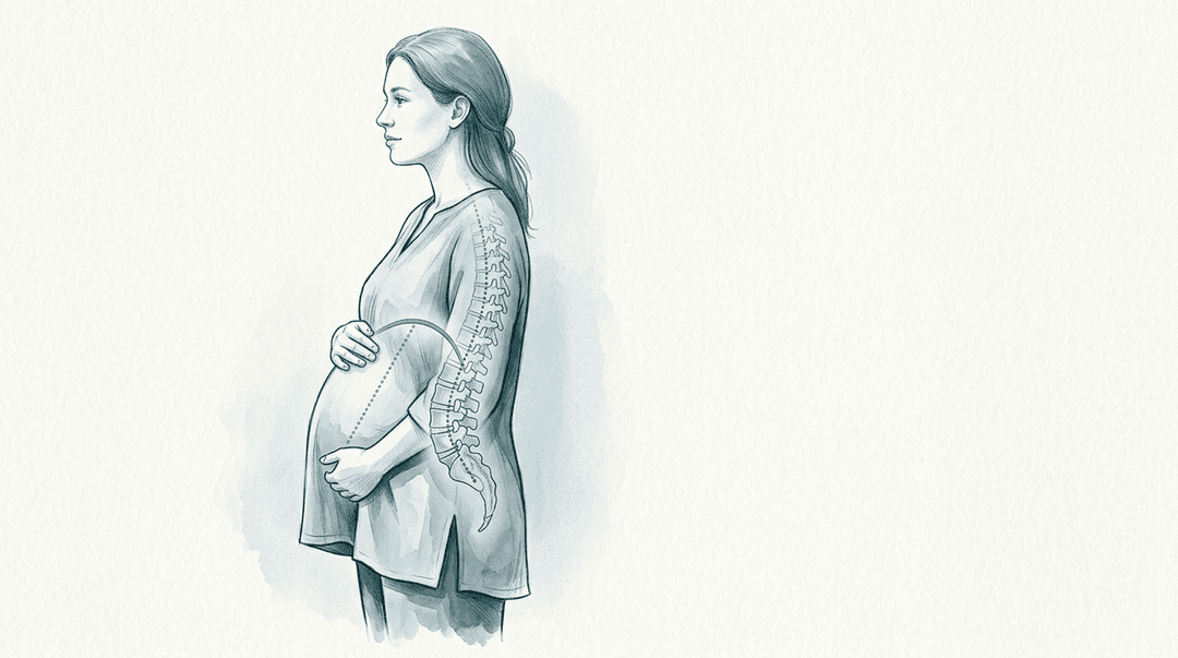 Illustrazione editoriale: lombalgia in gravidanza con componente sacro-lombare e diaframmatica