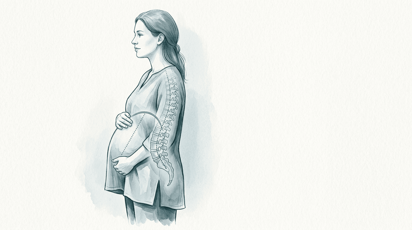 Illustrazione editoriale: lombalgia in gravidanza con componente sacro-lombare e diaframmatica