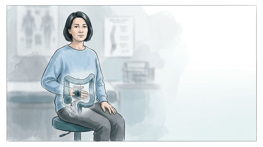 Illustrazione editoriale: dolore lombare e sindrome del colon irritabile