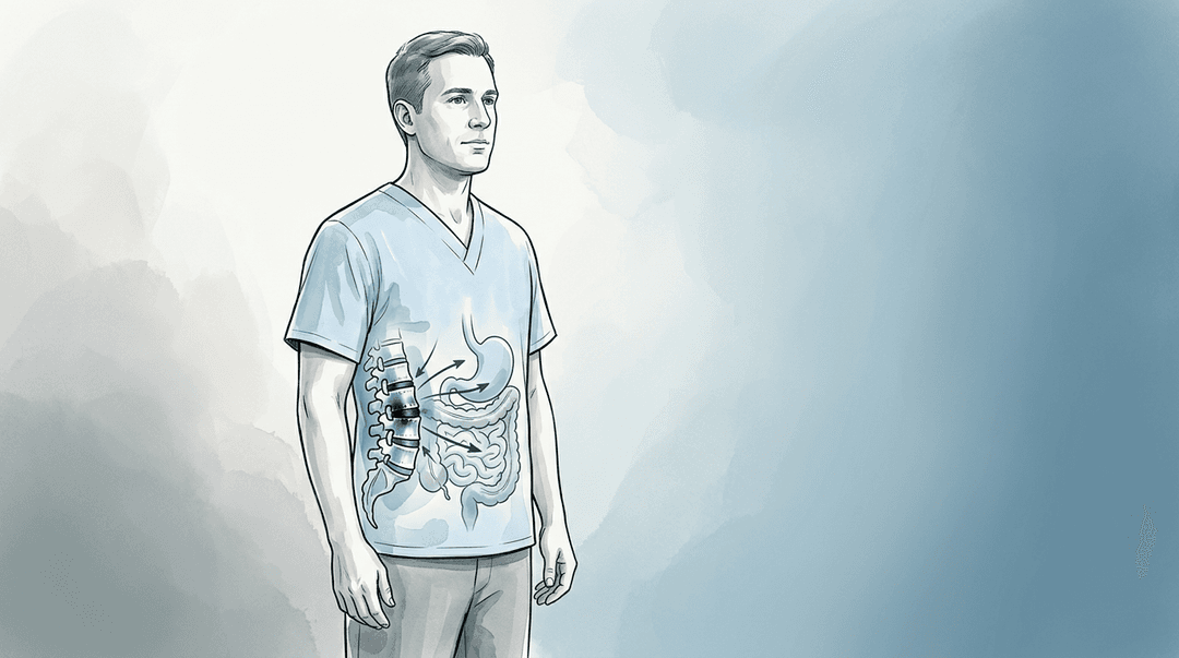 Illustrazione editoriale: disfunzioni lombari e alterazioni digestive
