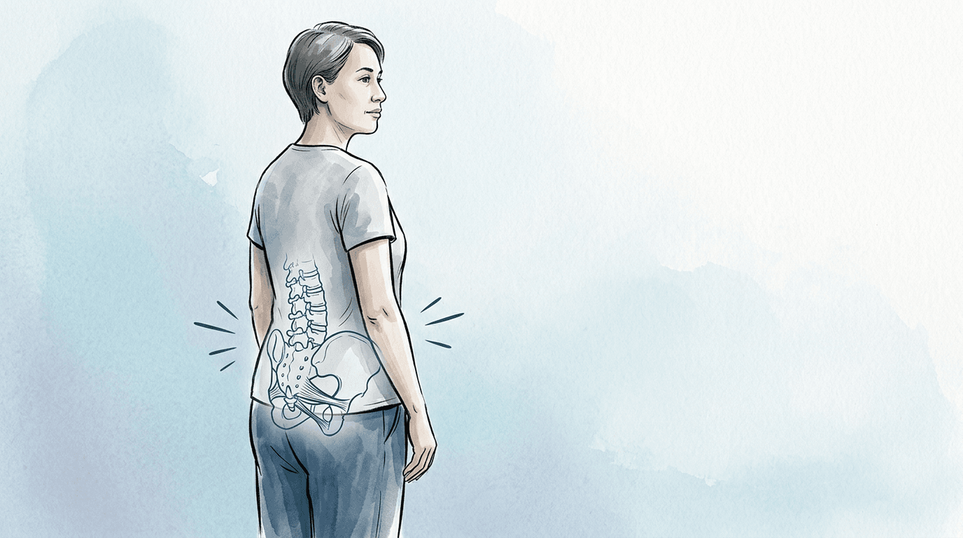 Illustrazione editoriale: dolore lombare e tensione del pavimento pelvico