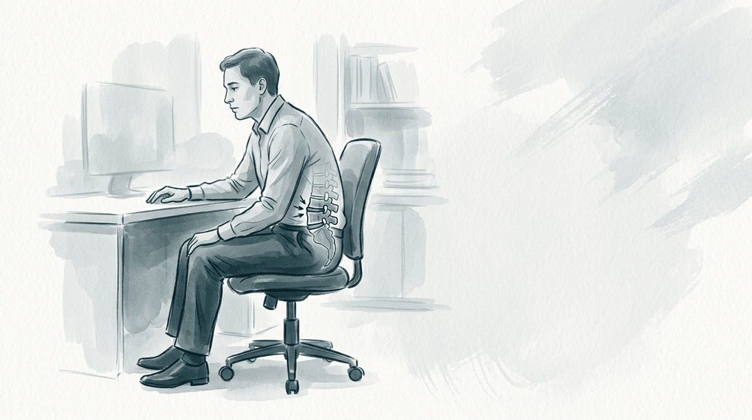 Illustrazione editoriale: dolore lombare da sedentarietà prolungata