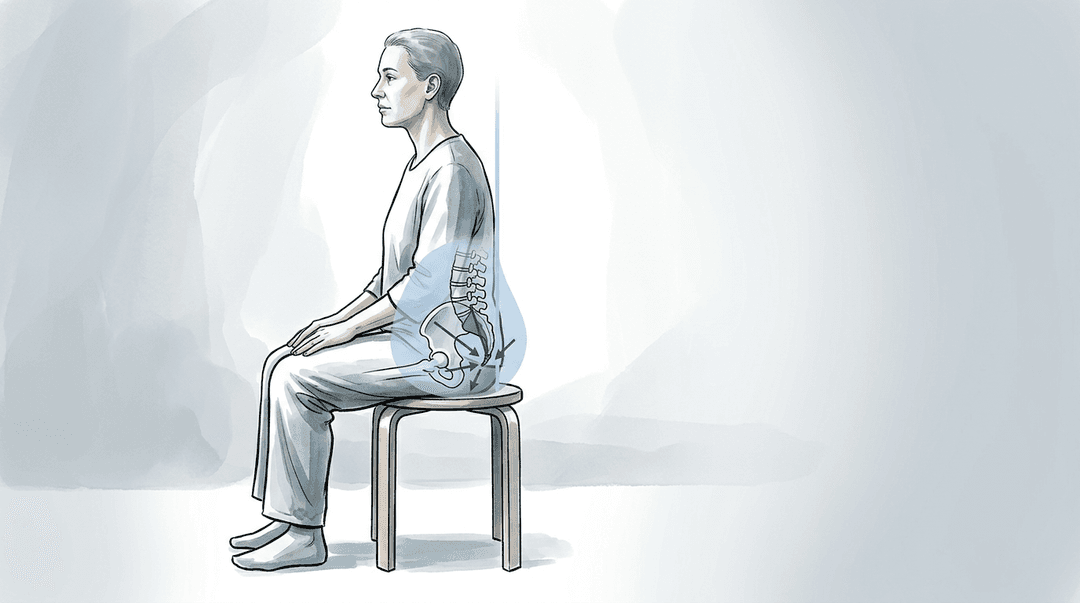 Illustrazione editoriale: coccigodinia con carico seduto e asse lombo-pelvico-diaframmatico