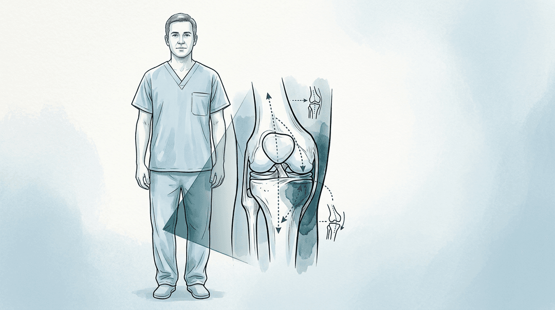 Illustrazione editoriale: gonalgia mediale da varo dinamico e sovraccarico del compartimento mediale