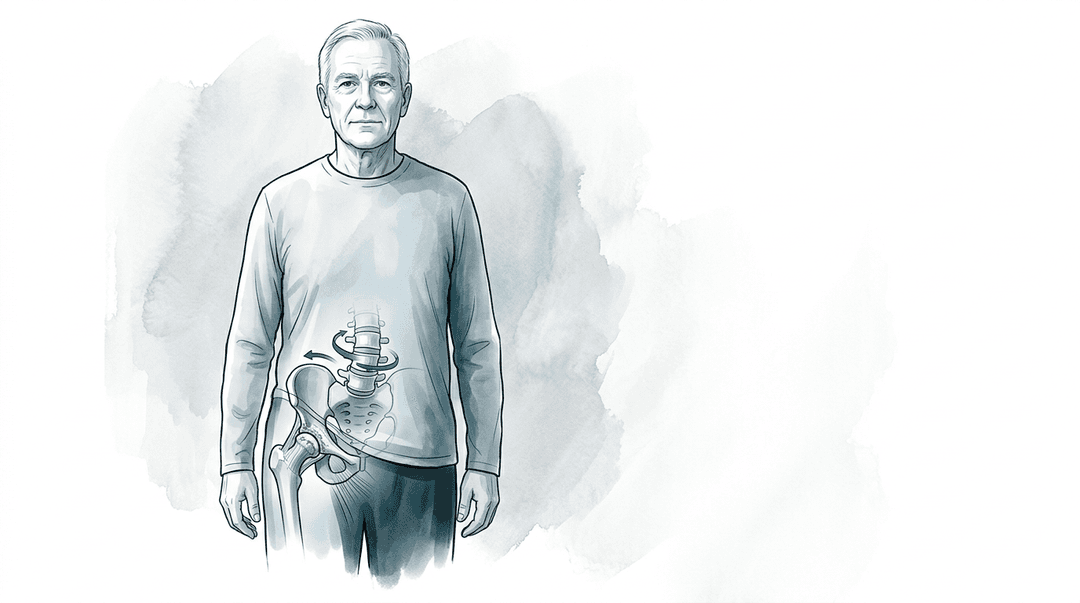 Illustrazione editoriale: dolore inguinale e rigidità rotatoria dell'anca in coxartrosi lieve-moderata con compensi lombo-pelvici