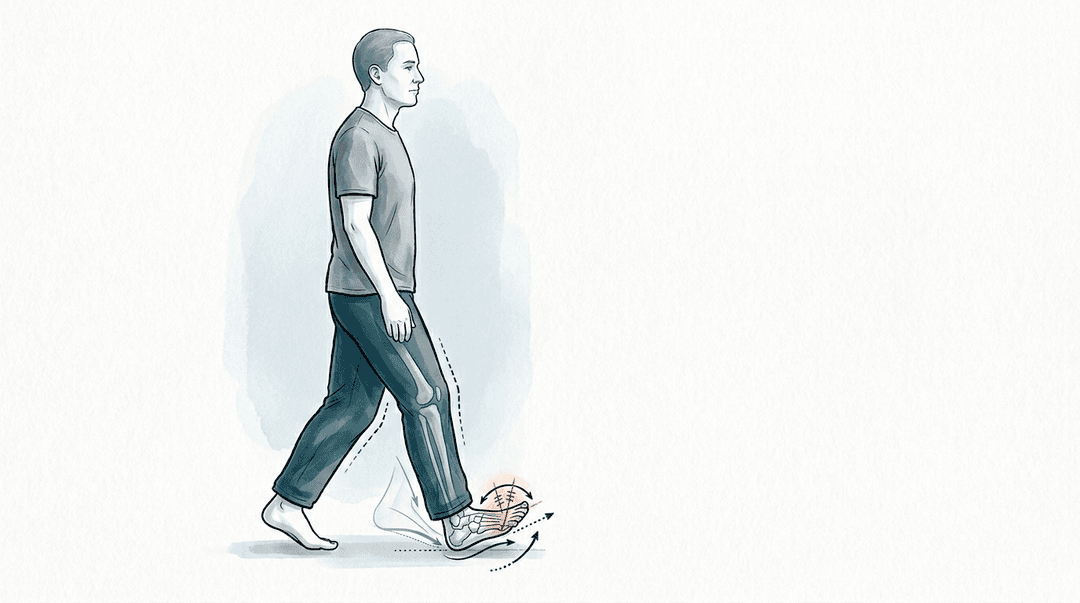 Illustrazione editoriale: alluce rigido con perdita di dorsiflessione metatarso-falangea e compensi ascendenti nella propulsione