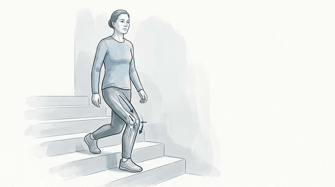 Illustrazione editoriale: gonalgia femoro-rotulea da carico in discesa e controllo dinamico dell'arto inferiore