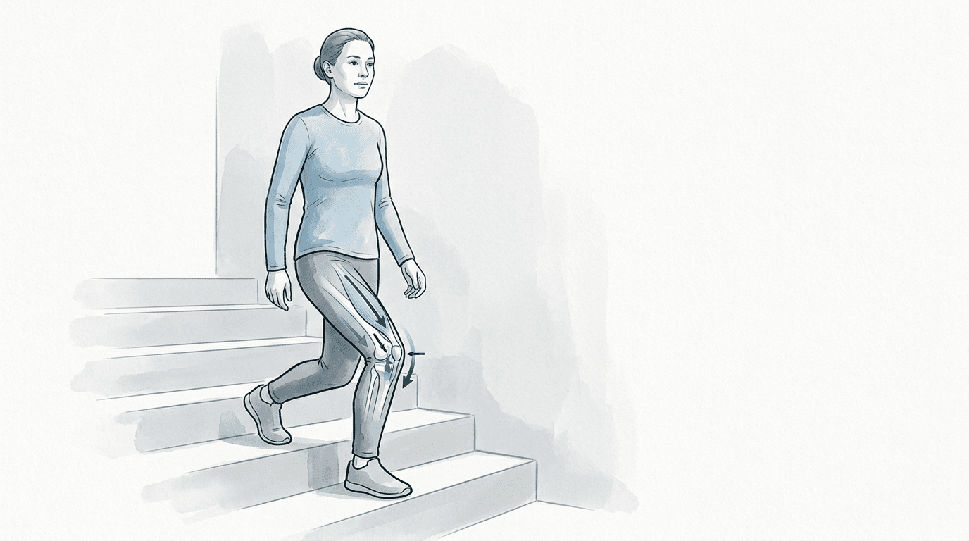 Illustrazione editoriale: gonalgia femoro-rotulea da carico in discesa e controllo dinamico dell'arto inferiore