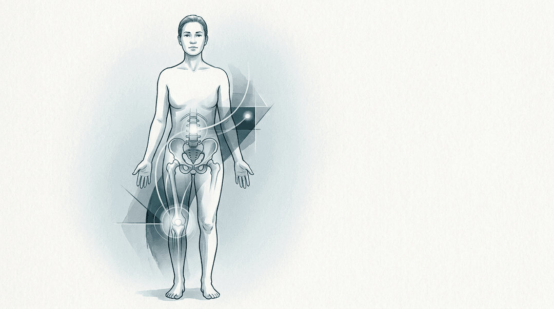 Illustrazione editoriale: gonalgia cronica con disfunzioni pelviche e lombari