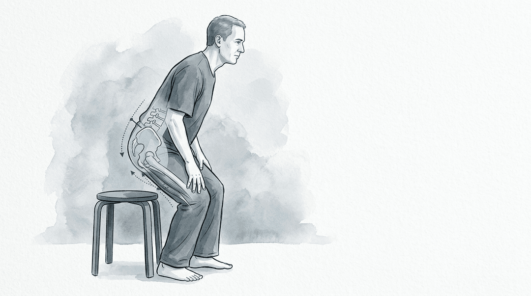 Illustrazione editoriale: sovraccarico prossimale degli ischiocrurali da seduta prolungata e passaggio seduto-in piedi