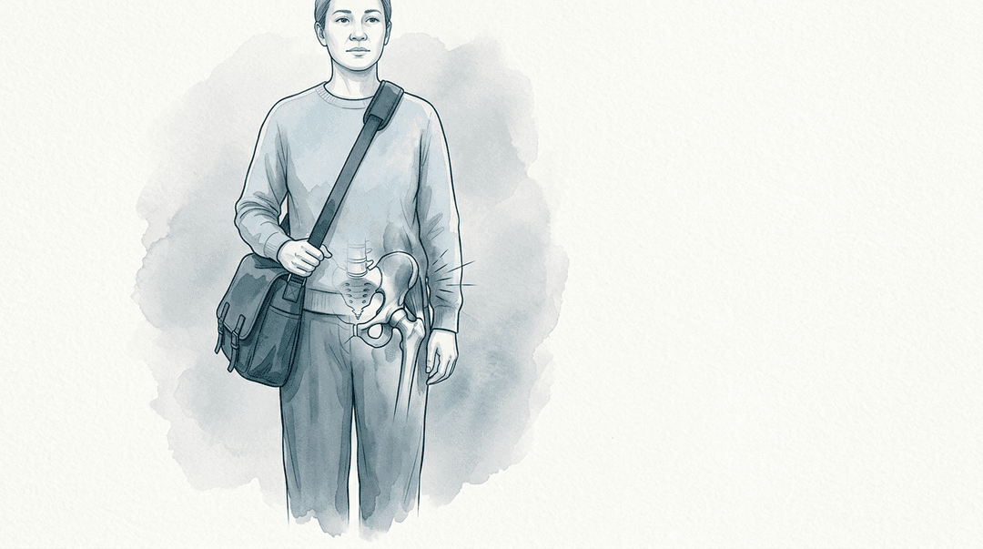 Illustrazione editoriale: dolore pelvi-coxo-femorale da trasporto unilaterale e asimmetria di carico