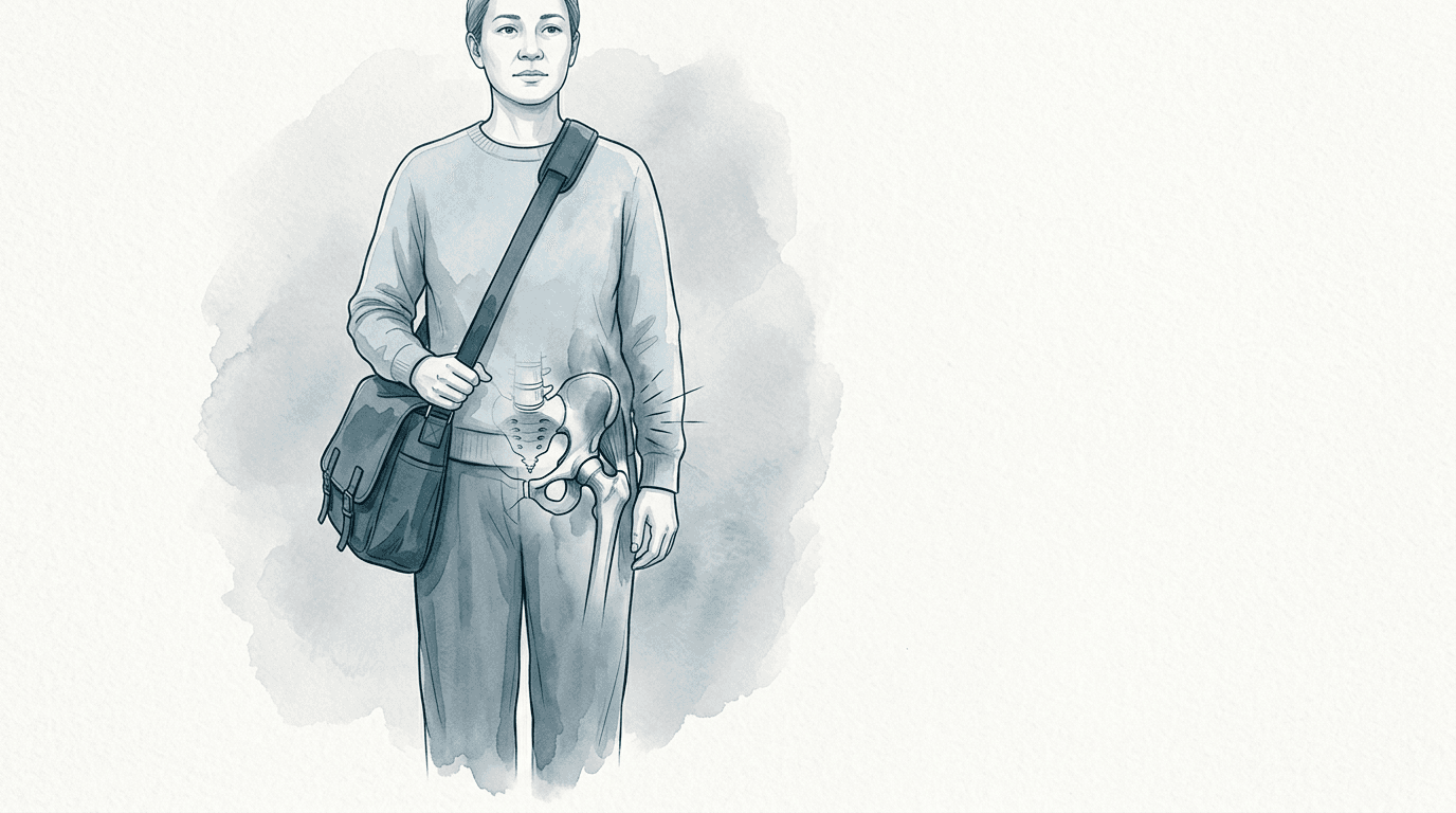 Illustrazione editoriale: dolore pelvi-coxo-femorale da trasporto unilaterale e asimmetria di carico