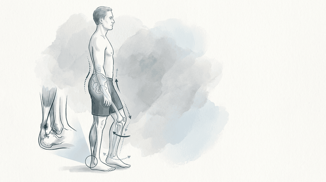 Illustrazione editoriale: tendinopatia achillea inserzionale con rigidità del tricipite surale e compensi tibio-pelvici