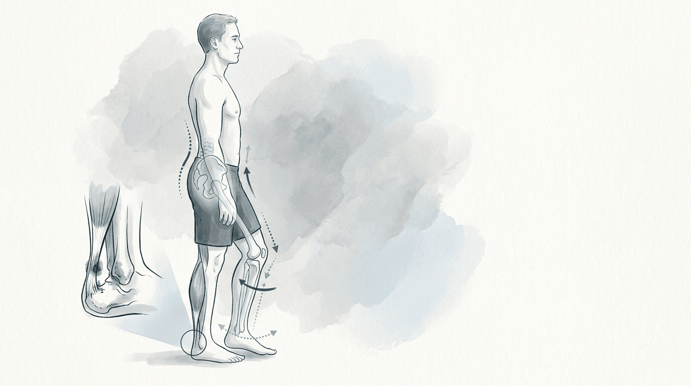 Illustrazione editoriale: tendinopatia achillea inserzionale con rigidità del tricipite surale e compensi tibio-pelvici