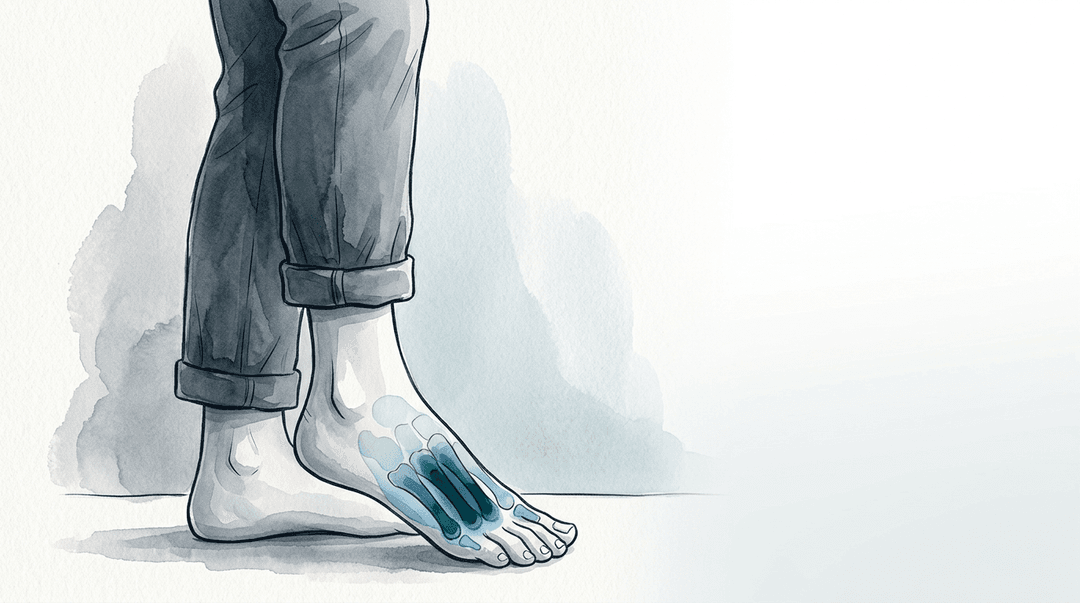 Illustrazione editoriale: metatarsalgia da sovraccarico dell'avampiede con disfunzione del primo raggio e compensi ascendenti