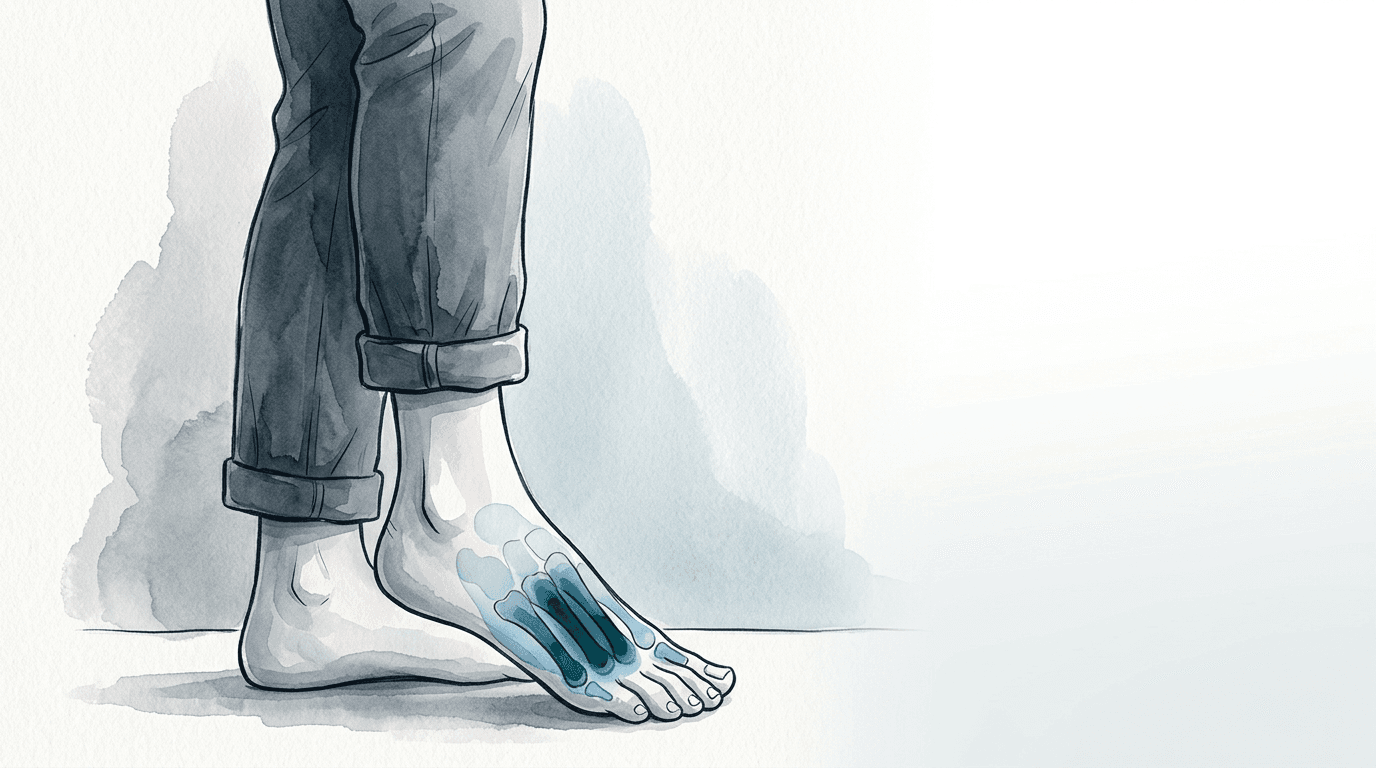 Illustrazione editoriale: metatarsalgia da sovraccarico dell'avampiede con disfunzione del primo raggio e compensi ascendenti