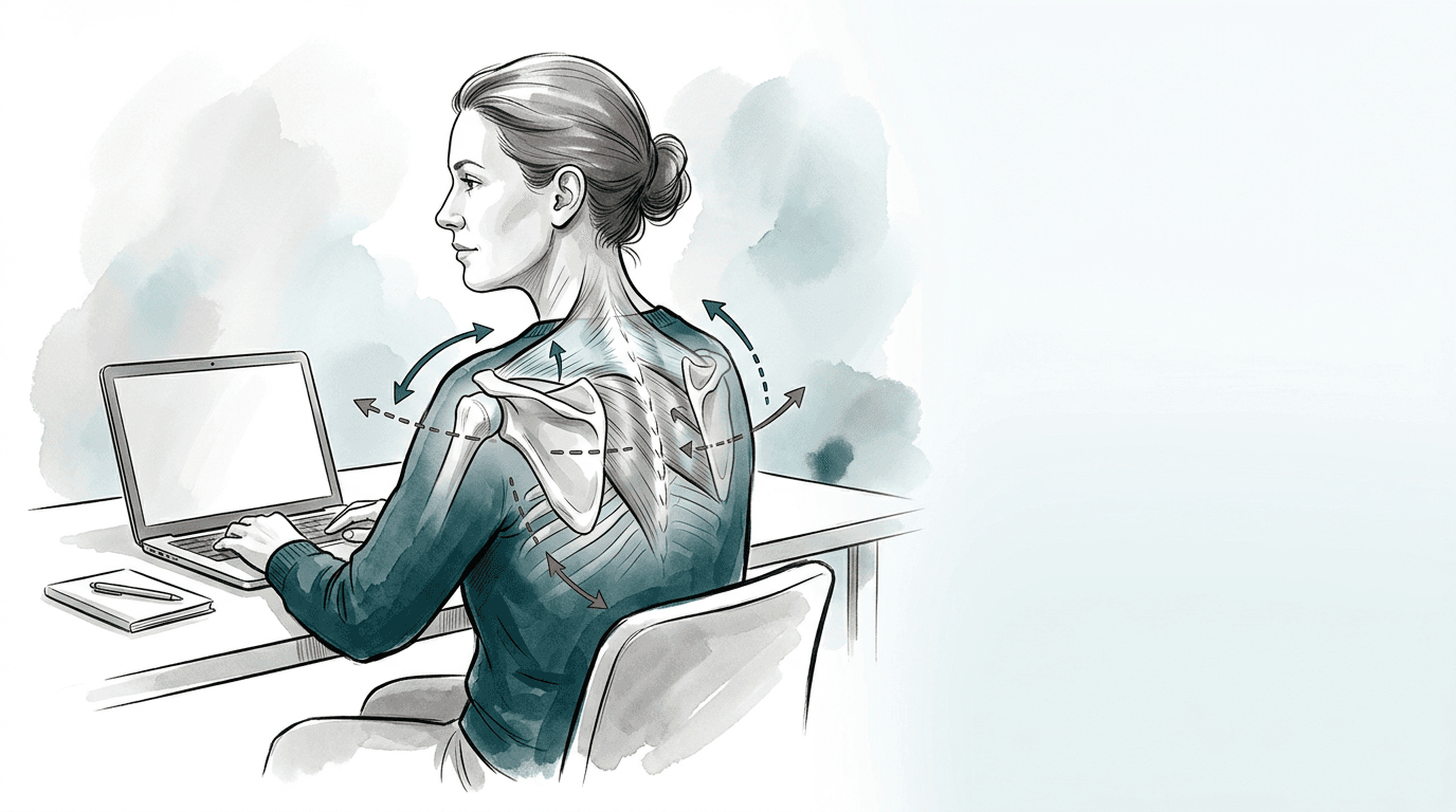 Illustrazione editoriale: spalla dolorosa non traumatica con disfunzione scapolo-toracica e postura sedentaria prolungata