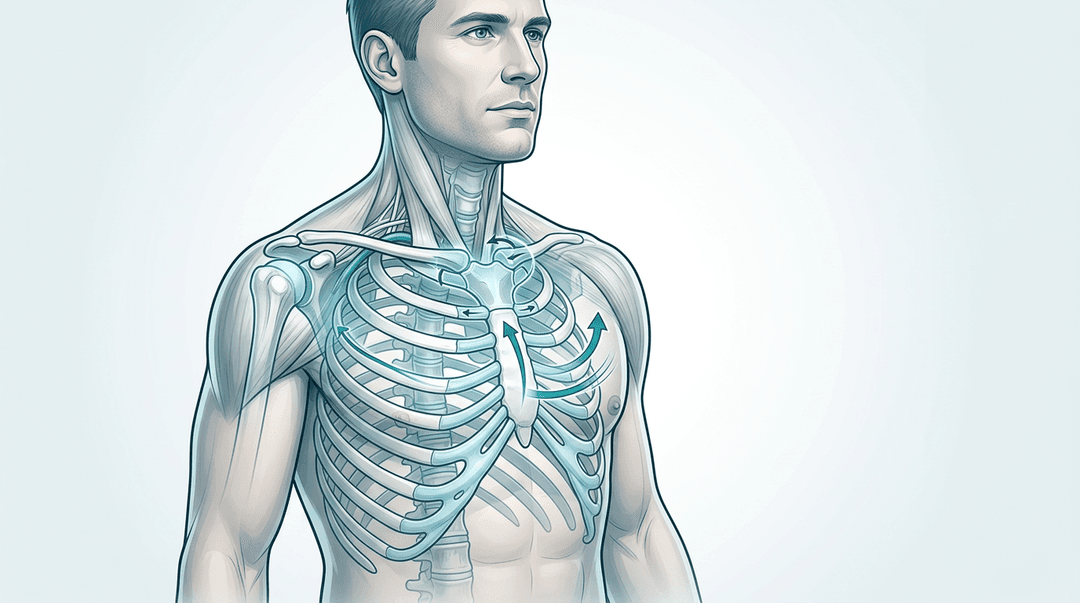 Illustrazione editoriale: dolore anteriore di spalla e parete toracica da disfunzione sterno-clavicolare e inlet toracico