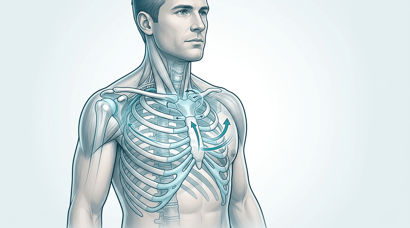 Illustrazione editoriale: dolore anteriore di spalla e parete toracica da disfunzione sterno-clavicolare e inlet toracico