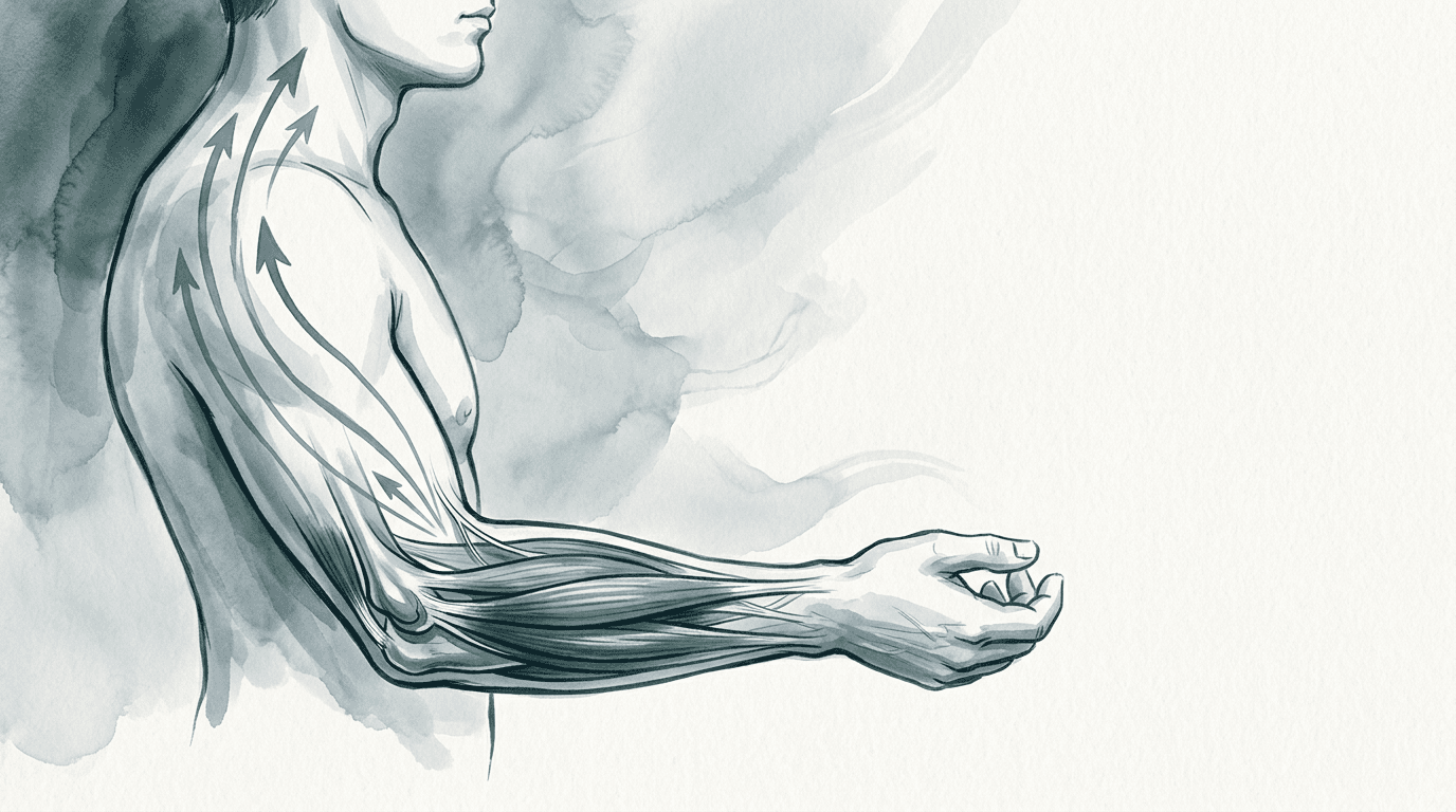 Illustrazione editoriale: gomito nei lavoratori manuali con epicondilalgia mediale e catena flessorio-pronatoria