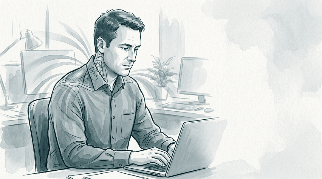 Illustrazione editoriale: spalla dolorosa con componente cervicale, stress lavorativo e dolore riferito