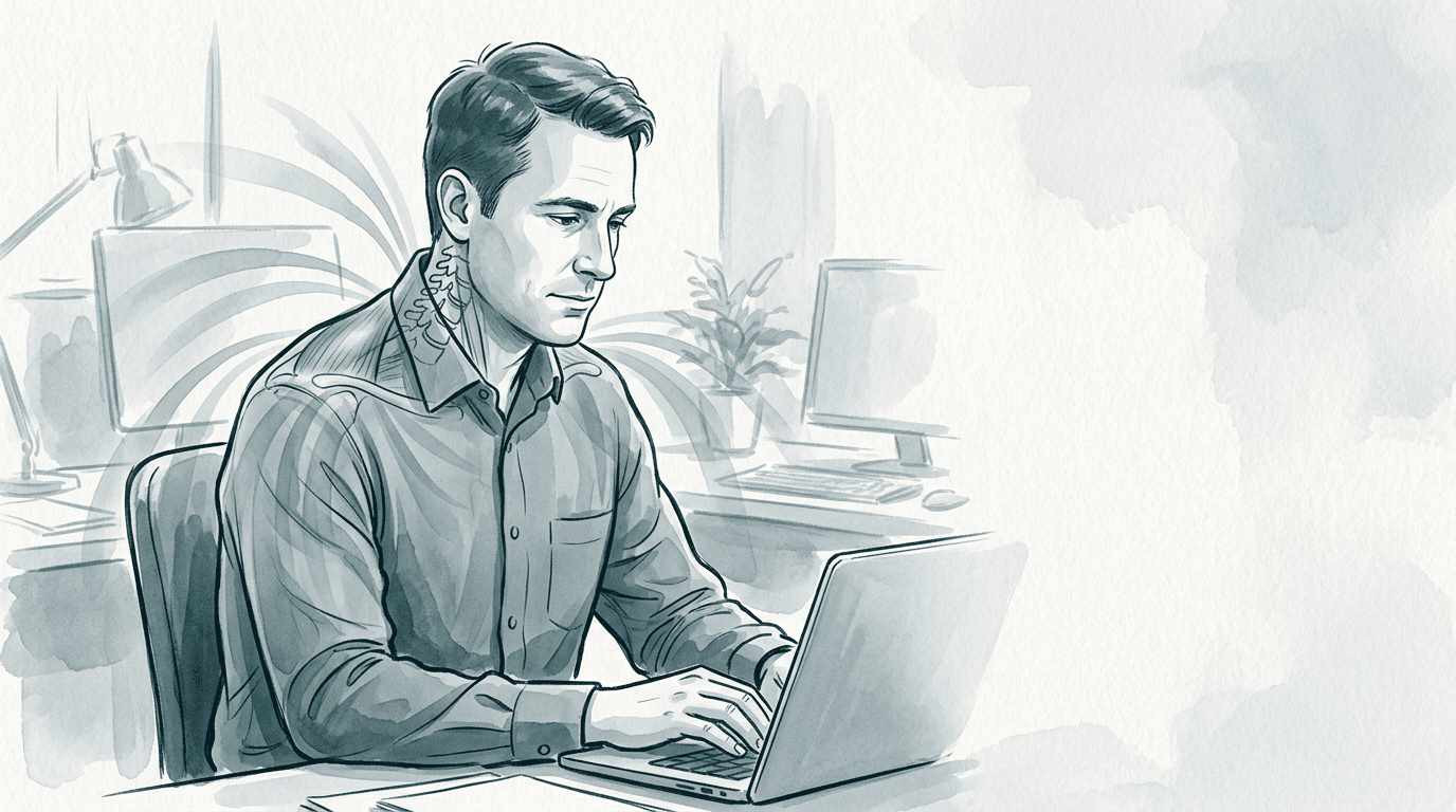 Illustrazione editoriale: spalla dolorosa con componente cervicale, stress lavorativo e dolore riferito