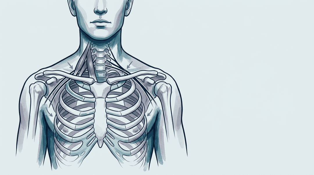 Illustrazione editoriale: stretto toracico neurogeno con parestesie dell'arto superiore e rigidità costale