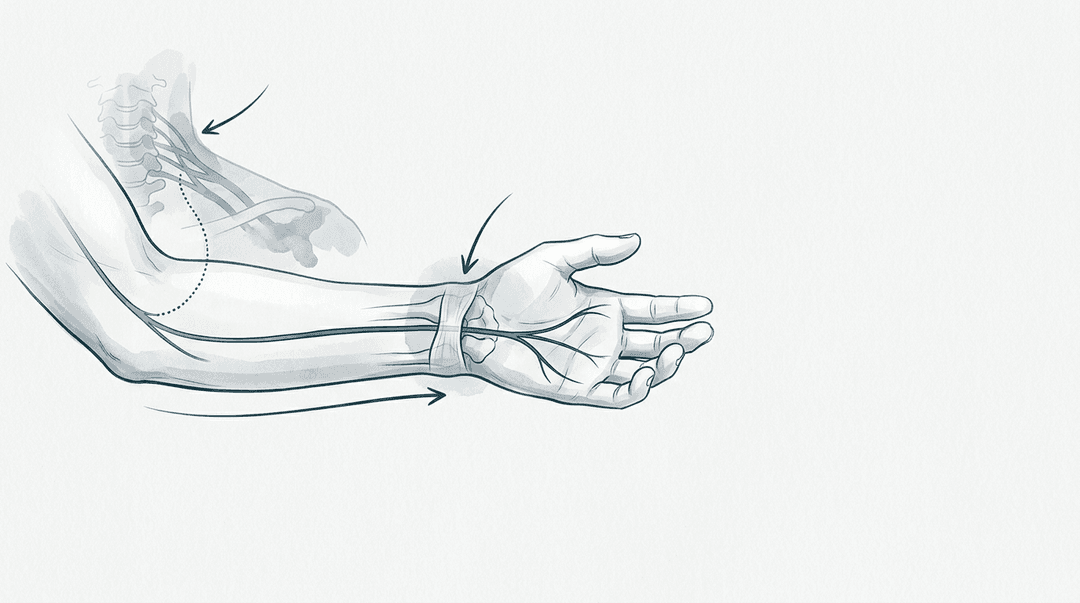 Illustrazione editoriale: sindrome del tunnel carpale con compenso cervico-scapolo-toracico e doppia compressione nervosa