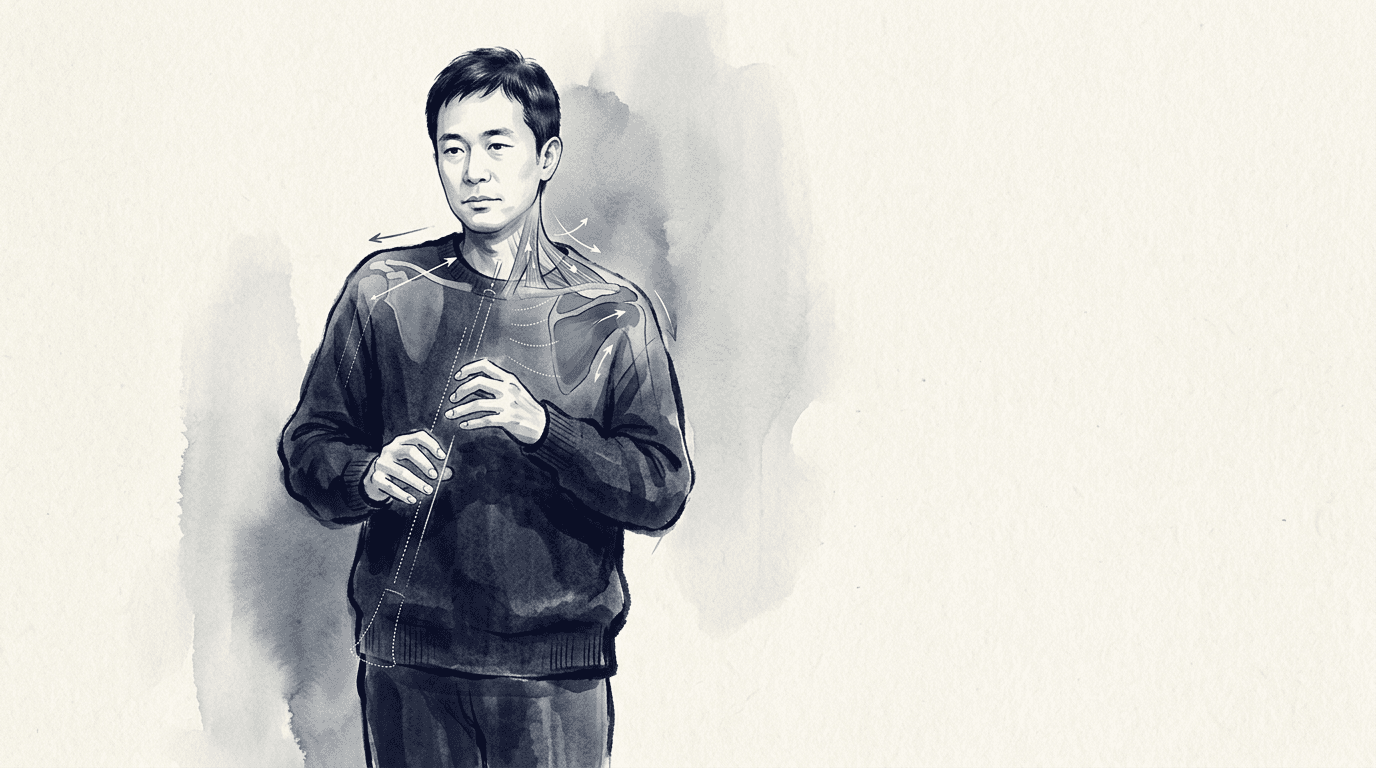 Illustrazione editoriale: dolore a spalla e cingolo nel musicista a fiato con postura asimmetrica e pattern respiratorio