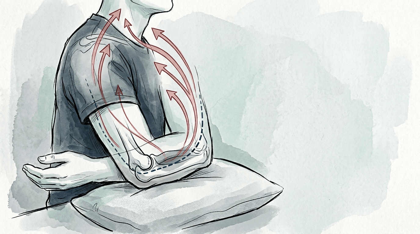 Illustrazione editoriale: sintomi ulnari da flessione protratta del gomito con tunnel cubitale e disfunzione cervico-scapolare