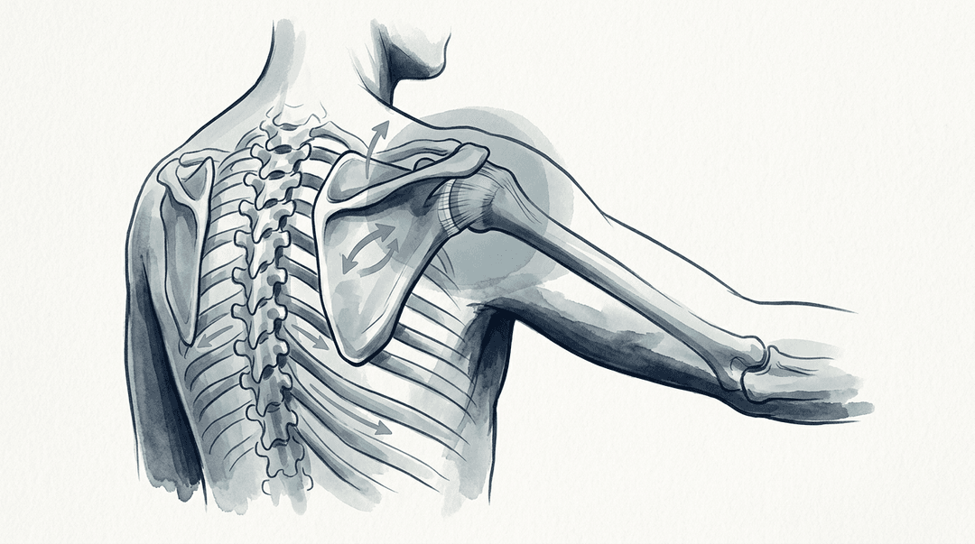 Illustrazione editoriale: capsulite adesiva con limitazione progressiva, rigidità toracica e gestione per fasi