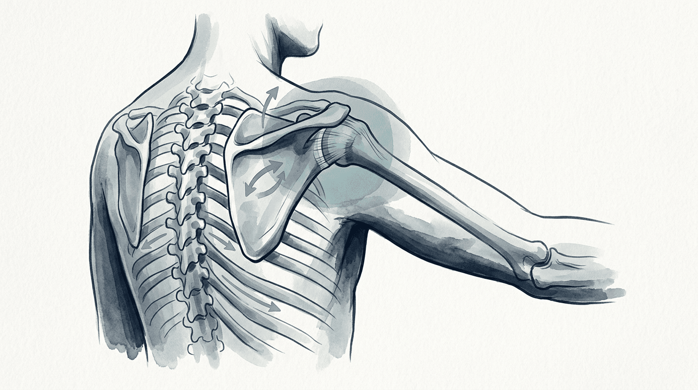 Illustrazione editoriale: capsulite adesiva con limitazione progressiva, rigidità toracica e gestione per fasi