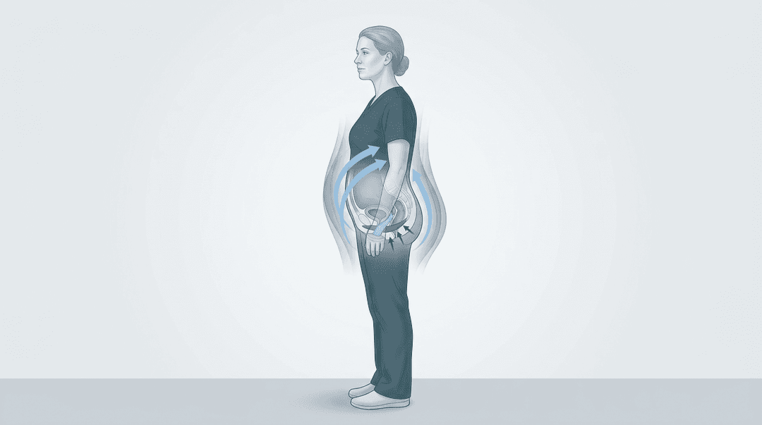 Illustrazione editoriale: incontinenza urinaria da sforzo con ipotonia del supporto pelvico e gestione pressoria