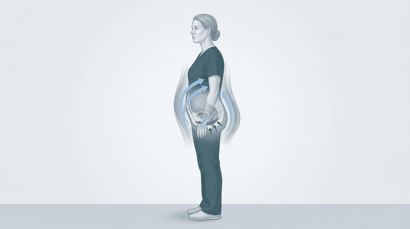 Illustrazione editoriale: incontinenza urinaria da sforzo con ipotonia del supporto pelvico e gestione pressoria