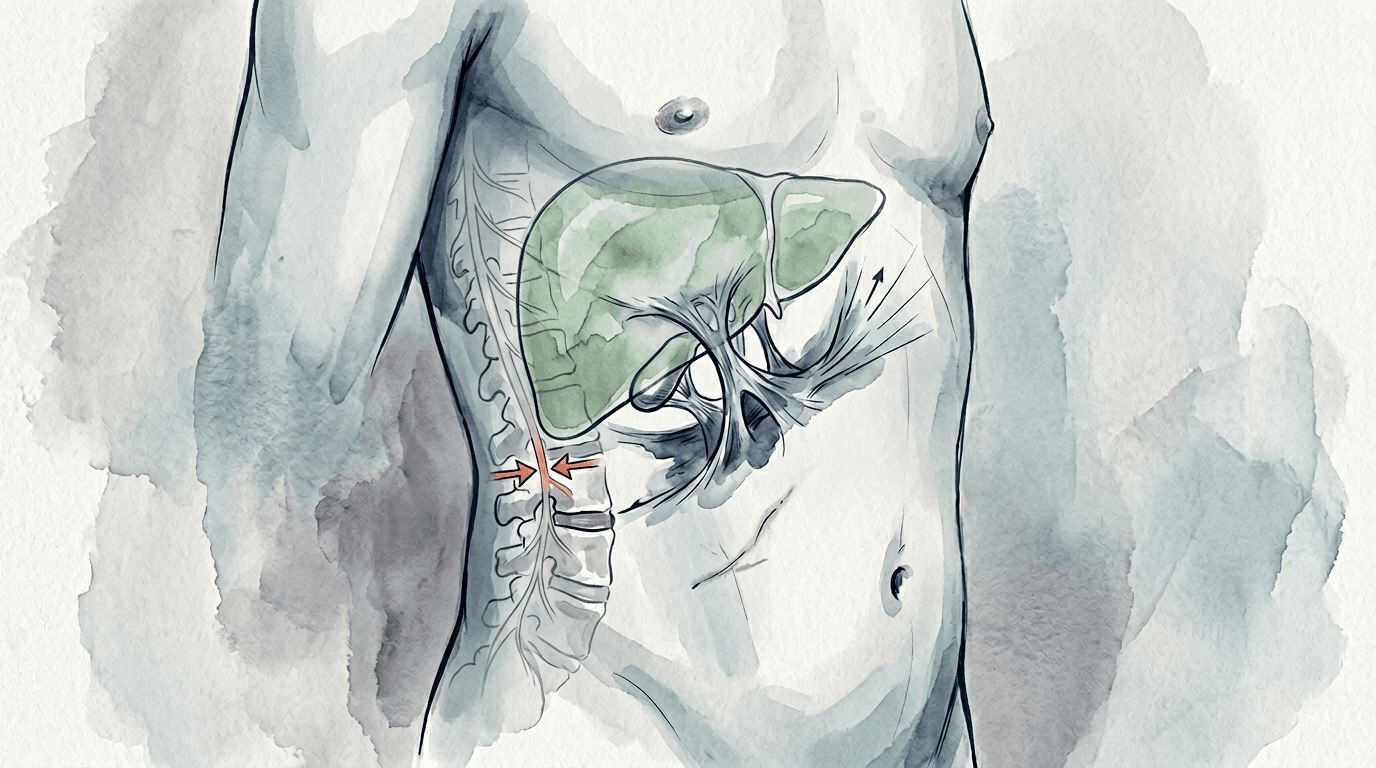 Illustrazione editoriale: post-colecistectomia con aderenze fasciali del quadrante destro e rigidità della cerniera toraco-lombare