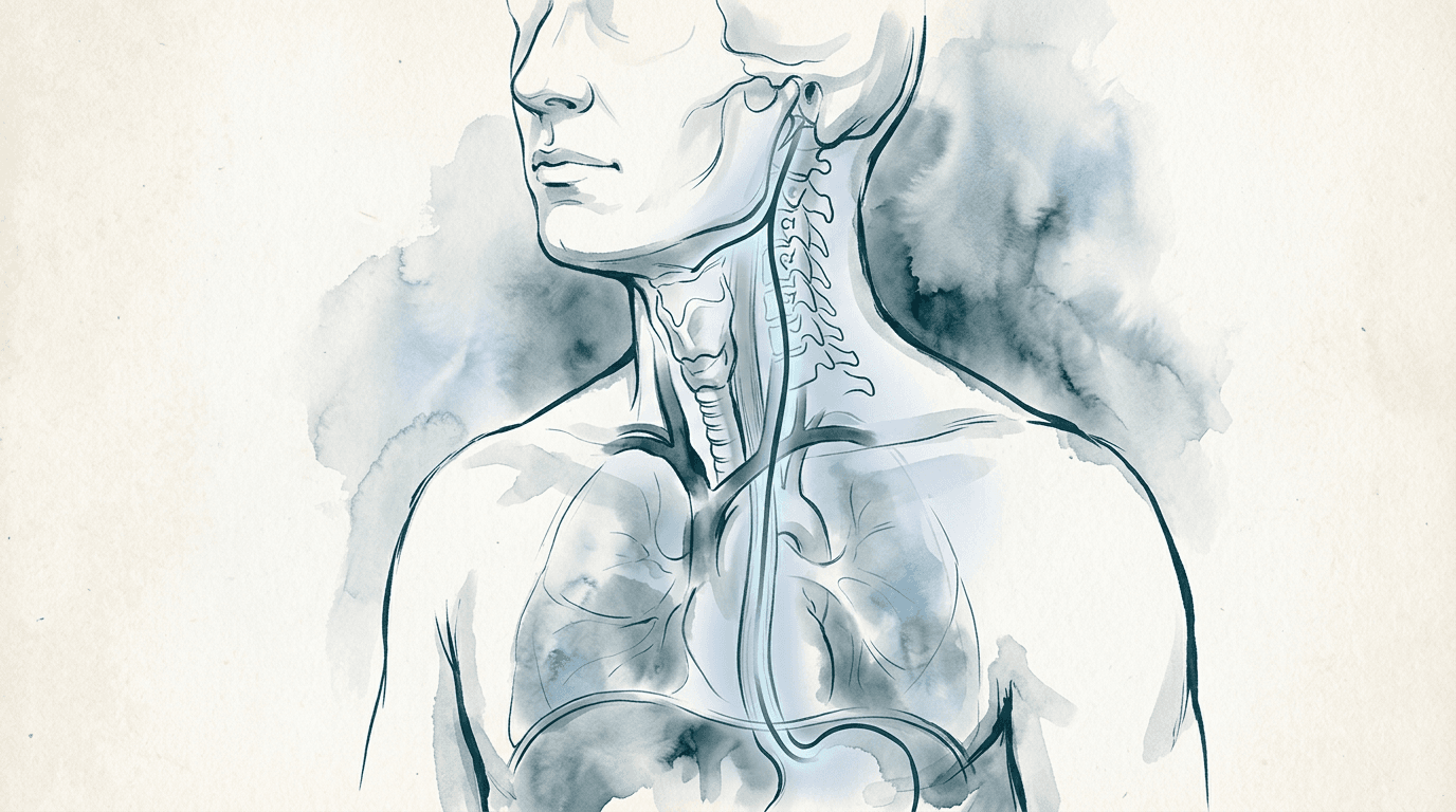 Illustrazione editoriale: nausea cronica funzionale con pattern cervico-vagale e rigidità della giunzione cranio-cervicale