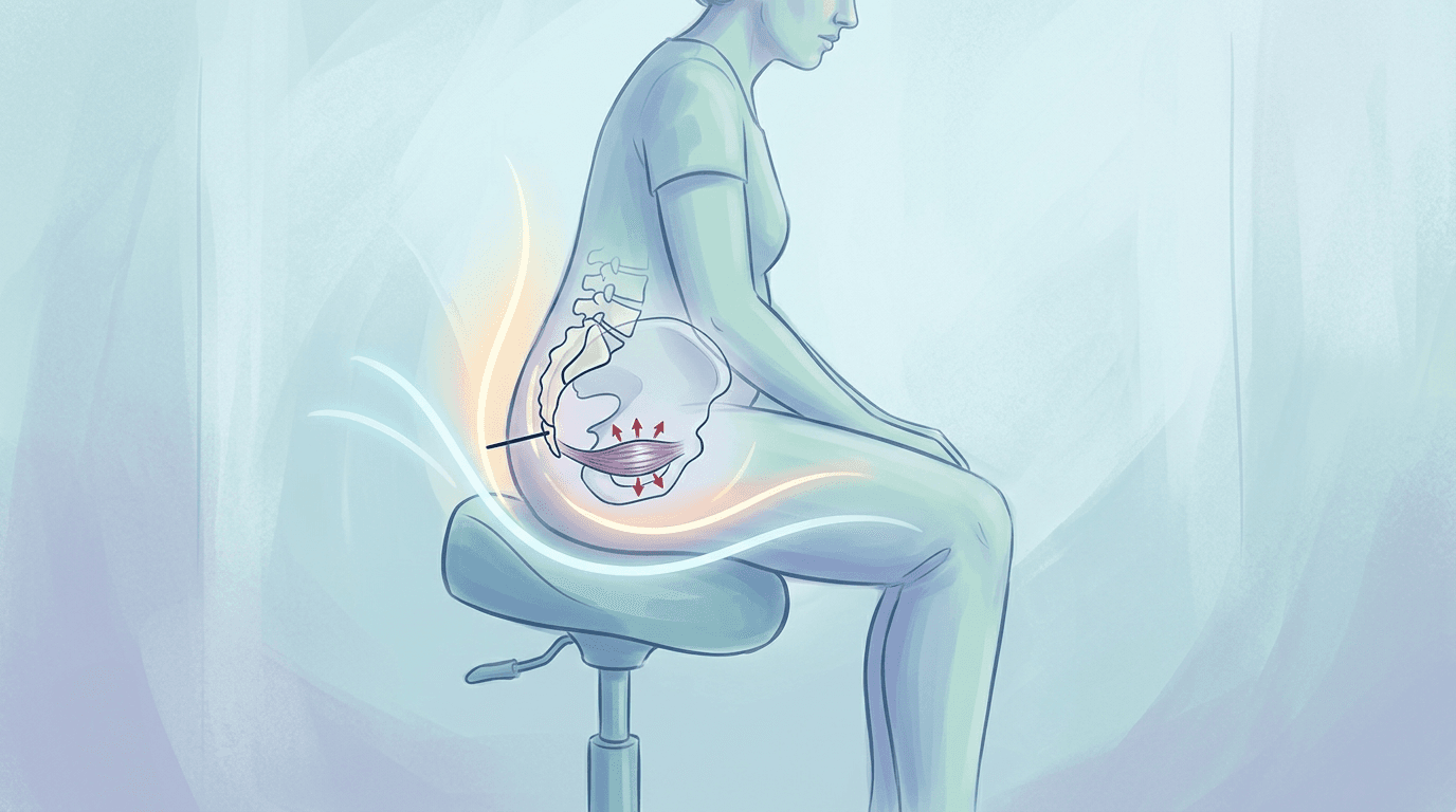 Illustrazione editoriale: coccigodinia post-partum con disfunzione sacro-coccigea e ipertono del pavimento pelvico