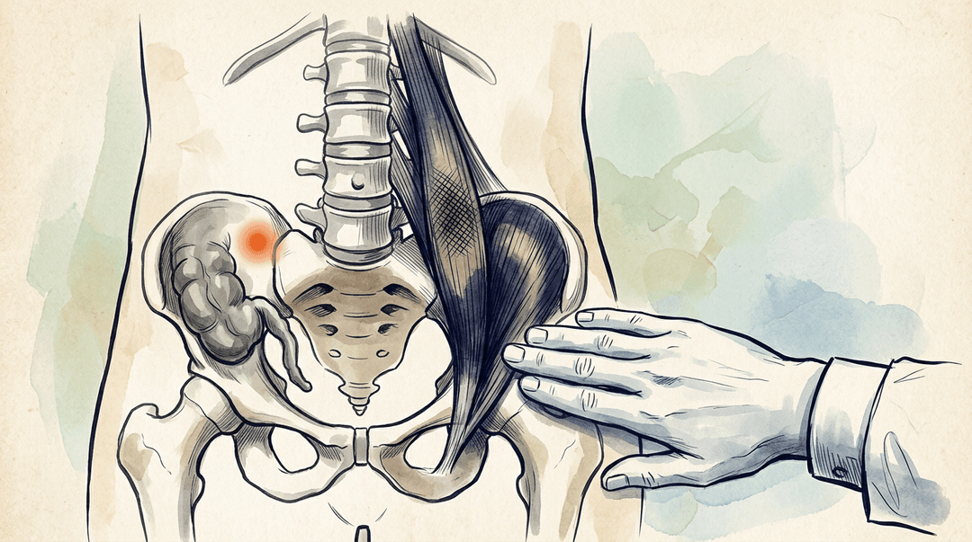 Illustrazione editoriale: dolore al quadrante inferiore destro con esclusione appendicolare e trigger point dell'ileopsoas destro