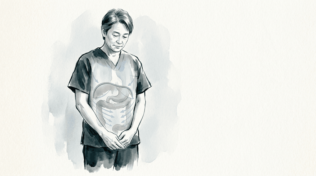 Illustrazione editoriale: fatica cronica con sintomi gastrointestinali funzionali e rigidità toraco-diaframmatica globale