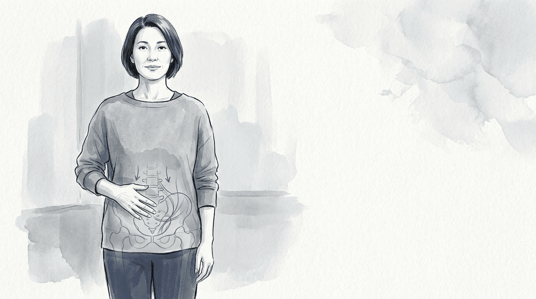 Illustrazione editoriale: endometriosi trattata chirurgicamente con dolore lombo-sacrale residuo e rigidità pelvica