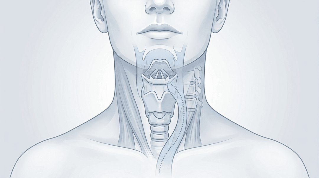 Illustrazione editoriale: reflusso laringofaringeo con tensione cervicale anteriore e facilitazione C3-C5