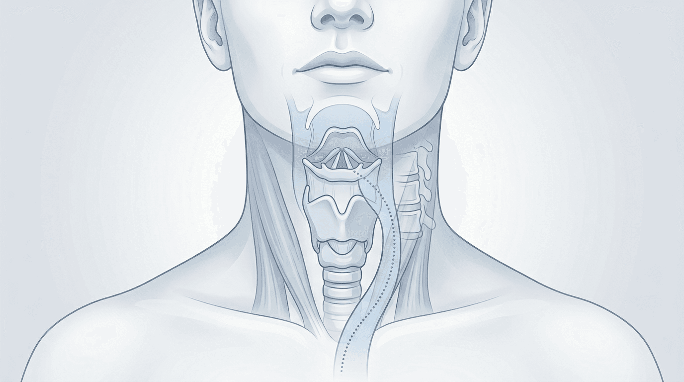 Illustrazione editoriale: reflusso laringofaringeo con tensione cervicale anteriore e facilitazione C3-C5