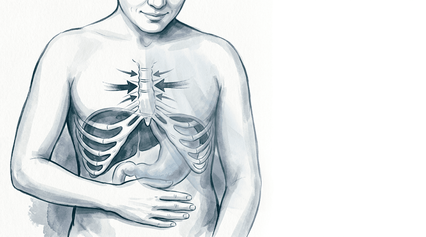 Illustrazione editoriale: dispepsia funzionale post-prandiale con restrizione del torace basso e facilitazione T5-T7