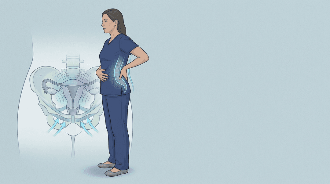 Illustrazione editoriale: dismenorrea primaria con overlay lombo-sacrale e rigidità del sistema pressorio pelvico