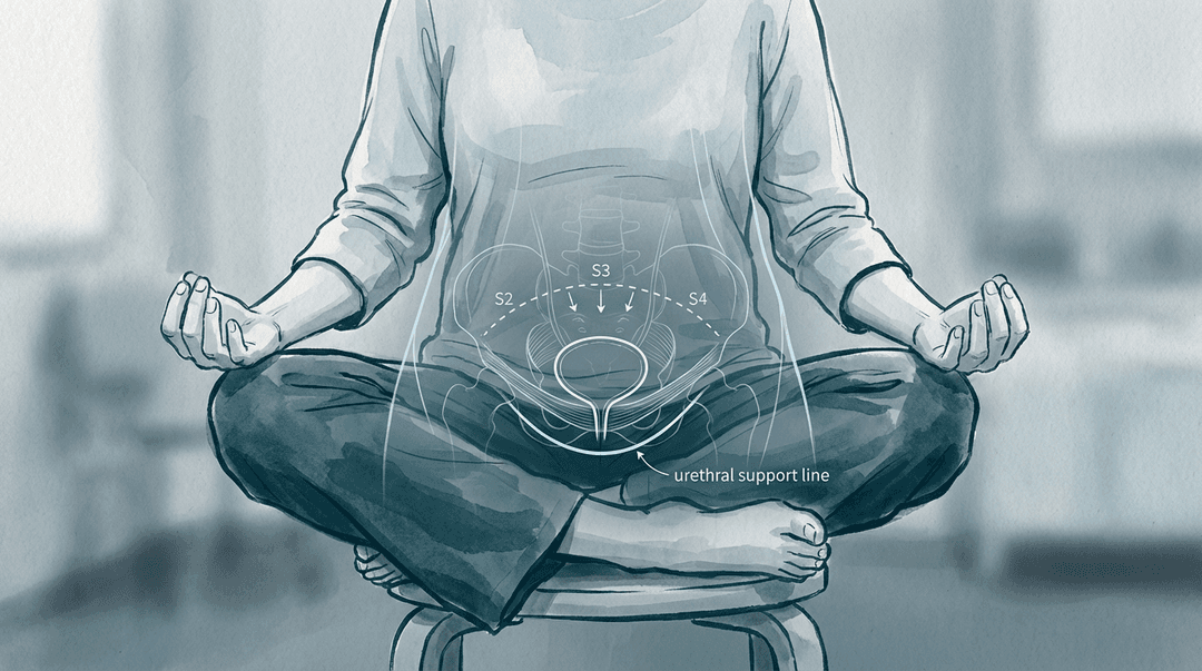 Illustrazione editoriale: urgenza minzionale funzionale con ipertono pelvi-perineale e facilitazione S2-S4