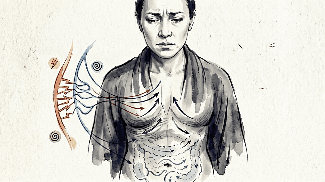 Illustrazione editoriale: intestino irritabile a prevalenza diarroica con attivazione autonomica e adattamento toraco-addominale